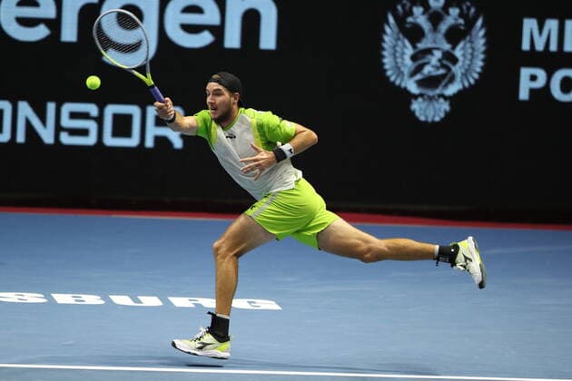 Saint Petersburg, Russia - 30 october 2021: Tennis. Jan-Lennard Struff plays during a match against Taylor Fritz at the St.Petersburg Open 2021 tennis tournament. Jan-Lennard Struff. MaksimxKonstantinov