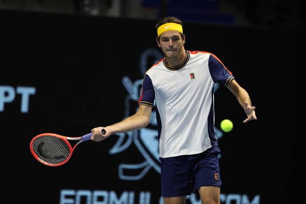 Saint Petersburg, Russia - 30 october 2021: Tennis. Jan-Lennard Struff plays during a match against Taylor Fritz at the St.Petersburg Open 2021 tennis tournament. Taylor Fritz. MaksimxKonstantinov