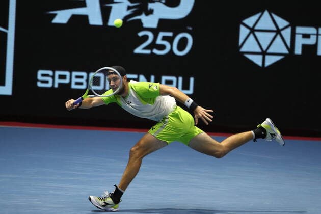 Saint Petersburg, Russia - 30 october 2021: Tennis. Jan-Lennard Struff plays during a match against Taylor Fritz at the St.Petersburg Open 2021 tennis tournament. Jan-Lennard Struff. MaksimxKonstantinov