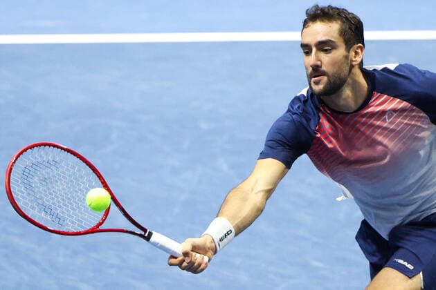 ST PETERSBURG, RUSSIA â€“ OCTOBER 30, 2021: Marin Cilic of Croatia in action in a men s singles semi-final match against Botic van de Zandschulp of the Netherlands as part of the 2021 St Petersburg Open tennis tournament, at the Sibur Arena. Peter Kovalev TASS  TS1165B2