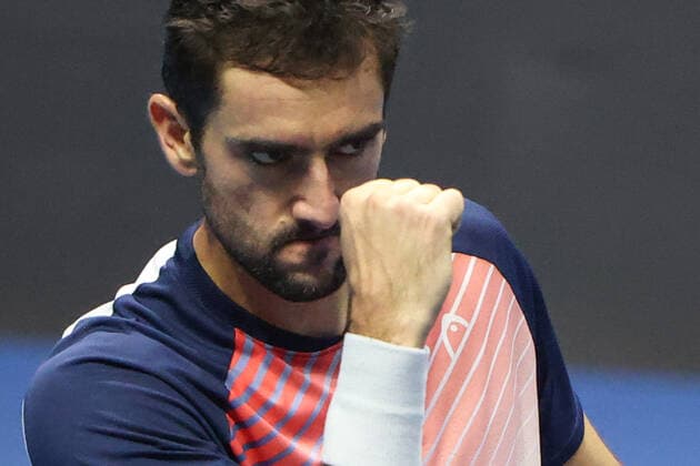 ST PETERSBURG, RUSSIA â€“ OCTOBER 30, 2021: Marin Cilic of Croatia reacts in a men s singles semi-final match against Botic van de Zandschulp of the Netherlands as part of the 2021 St Petersburg Open tennis tournament, at the Sibur Arena. Peter Kovalev TASS  TS1165B7