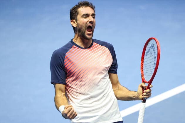 ST PETERSBURG, RUSSIA â€“ OCTOBER 30, 2021: Marin Cilic of Croatia reacts after winning his men s singles semi-final match against Botic van de Zandschulp of the Netherlands as part of the 2021 St Petersburg Open tennis tournament, at the Sibur Arena. Peter Kovalev TASS  TS1165BB