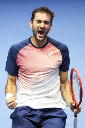 ST PETERSBURG, RUSSIA â€“ OCTOBER 30, 2021: Marin Cilic of Croatia reacts after winning his men s singles semi-final match against Botic van de Zandschulp of the Netherlands as part of the 2021 St Petersburg Open tennis tournament, at the Sibur Arena. Peter Kovalev TASS  TS1165C2
