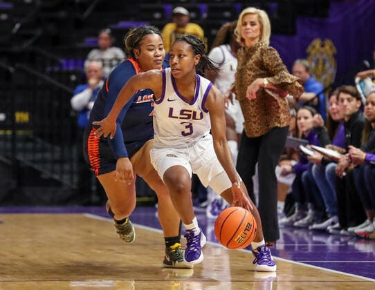October 30, 2021: LSU s Khayla Pointer (3) drives the ball past Langston s Richelle Turney (21) during NCAA, College League, USA Women s Basketball action between the Langston Lions and the LSU Tigers at the Pete Maravich Assembly Center in Baton Rouge, LA. CSM Baton Rouge USA - ZUMAc04_ 20211030_zaf_c04_423 Copyright: xJonathanxMailhesx
