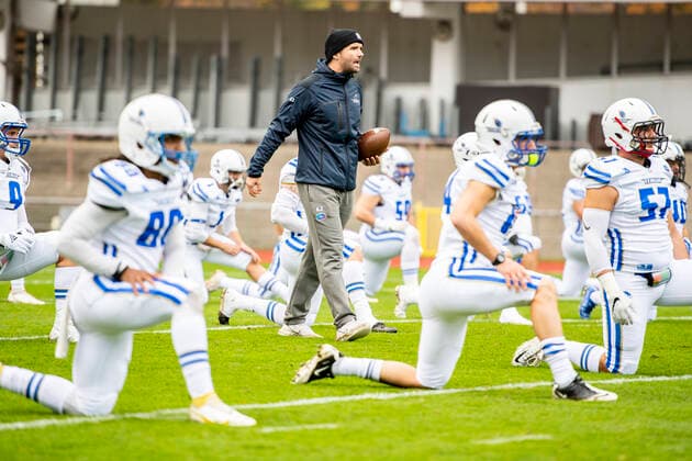 211031 Italys assistant coach Marc Mattioli during the warm-up before the European Championship final in American football between Sweden and Italy on October 31, 2021 in Malmö,  Copyright: NICLASxJÖNSSON BB211031NO007
