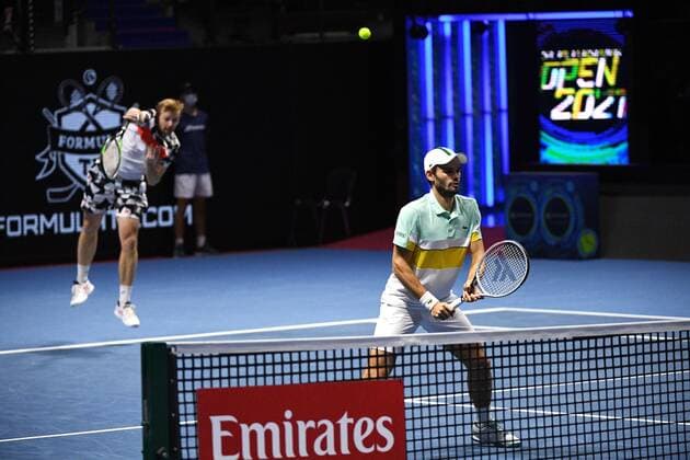6686004 31.10.2021 Kazakhstan s Andrey Golubev and Monaco s Hugo Nys compete in the men s doubles final match against Britian s Jamie Murray and Brazil s Bruno Soares at the St. Petersburg Open international tennis tournament in St. Petersburg, Russia. Alexander Galperin Sputnik Russia Tennis St Petersburg Open  9d730c61b0b3e014