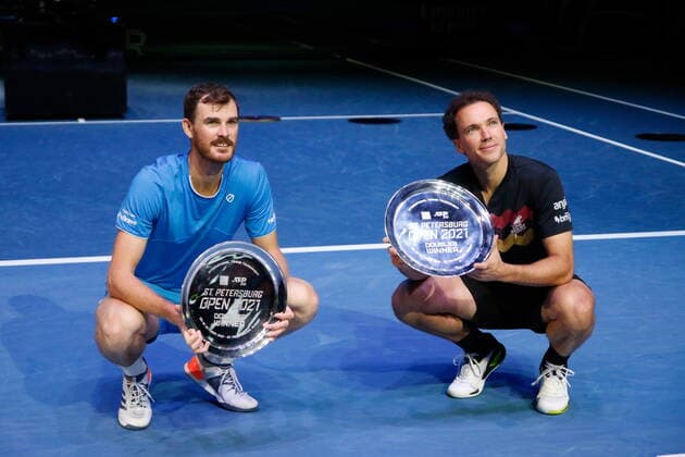 Saint Petersburg, Russia - 31 october 2021: Tennis. Jamie Murray, Bruno Soares plays during a match against Andrey Golubev, Hugo Nys at the SPB Open 2021 tennis tournament. MaksimxKonstantinov