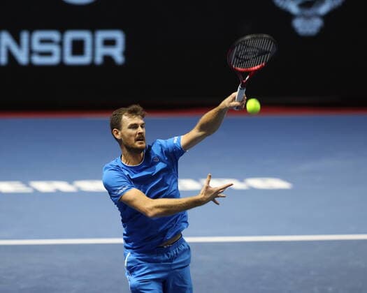 Saint Petersburg, Russia - 31 october 2021: Tennis. Jamie Murray, Bruno Soares plays during a match against Andrey Golubev, Hugo Nys at the SPB Open 2021 tennis tournament. MaksimxKonstantinov