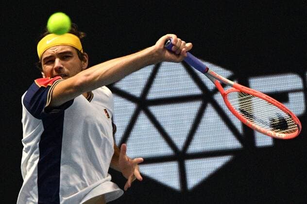 6686113 31.10.2021 Taylor Fritz, of the USA, competes in the men s singles final match against Croatia s Marin ?ili?? at the St. Petersburg Open international tennis tournament in St. Petersburg, Russia. Alexander Galperin Sputnik Russia Tennis St Petersburg Open  704f1de5f5b8c6b0