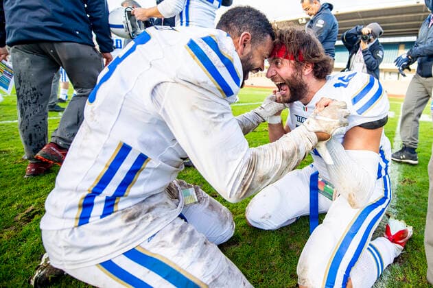 211031 Italys Simone Boni and Giovanni Caccialupi cheer after the European Championship final in American football between Sweden and Italy on October 31, 2021 in Malmö,  Copyright: NICLASxJÖNSSON BB211031NO050