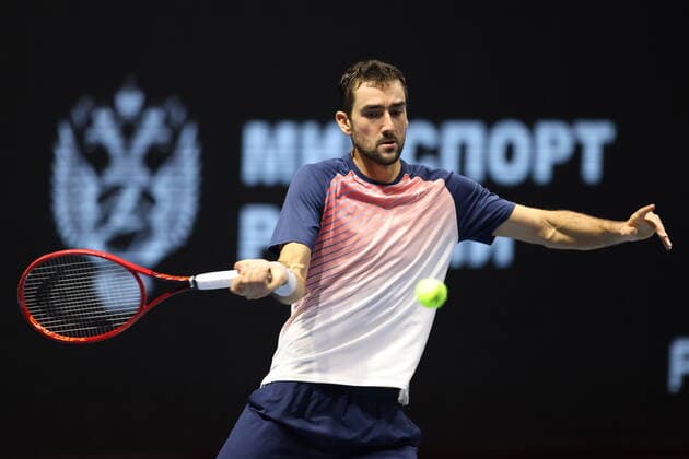 Saint Petersburg, Russia - 31 october 2021: Tennis. Taylor Fritz plays during a match against Marin Cilic at the St.Petersburg Open 2021 tennis tournament. Finals. Marin Cilic. MaksimxKonstantinov