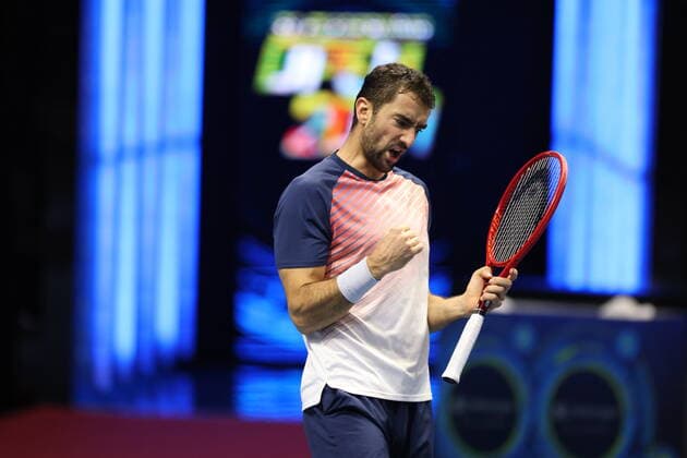 Saint Petersburg, Russia - 31 october 2021: Tennis. Taylor Fritz plays during a match against Marin Cilic at the St.Petersburg Open 2021 tennis tournament. Finals. Marin Cilic. MaksimxKonstantinov