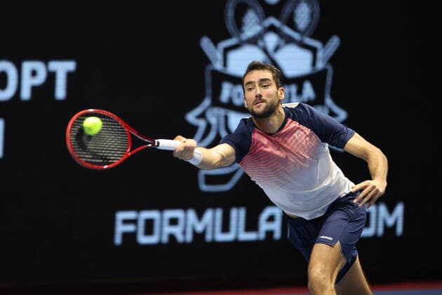 Saint Petersburg, Russia - 31 october 2021: Tennis. Taylor Fritz plays during a match against Marin Cilic at the St.Petersburg Open 2021 tennis tournament. Finals. Marin Cilic. MaksimxKonstantinov