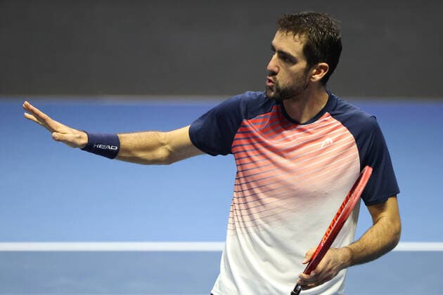ST PETERSBURG, RUSSIA - OCTOBER 31, 2021: Croatia s Marin Cilic is in action in his men s singles final match against the USA s Taylor Fritz at the St Petersburg Open 2021 international tennis tournament at Sibur Arena. Peter Kovalev TASS  TS1166B1