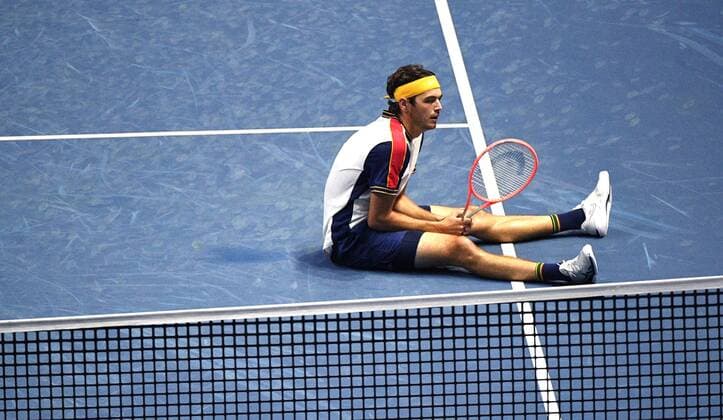 6686183 31.10.2021 Taylor Fritz, of the USA, sits on the tennis court during the men s singles final match against Croatia s Marin ?ili?? at the St. Petersburg Open international tennis tournament in St. Petersburg, Russia. Alexander Galperin Sputnik Russia Tennis St Petersburg Open  9839c59c28046125
