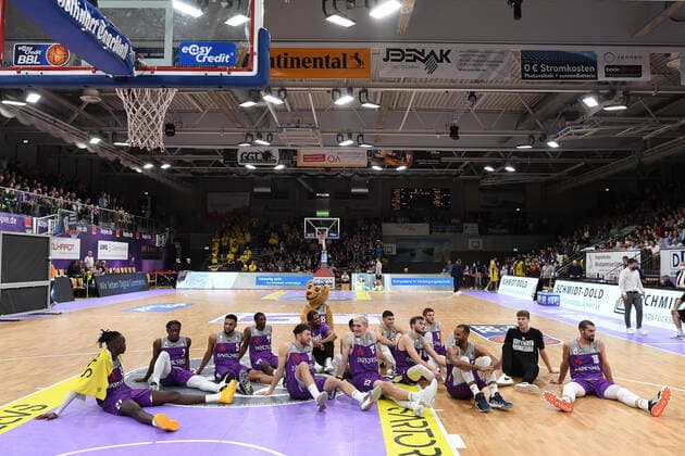 BG Göttingen EWE Baskets Oldenburg 31 10 2021, Basketball Bundesliga, 2021 2022 season, Matchday 6, BG Göttingen EWE Baskets Oldenburg Göttingens players cheer after the game Göttingen Lower Saxony Germany.