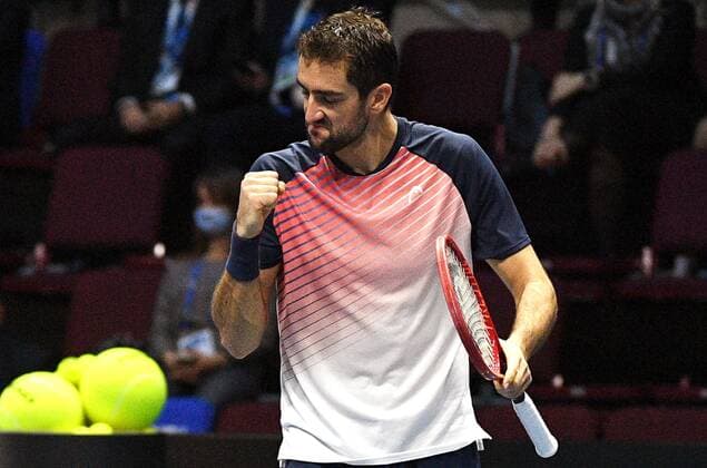6686223 31.10.2021 Croatia s Marin ?ili?? reacts during the men s singles final match against Taylor Fritz, of the USA, at the St. Petersburg Open international tennis tournament in St. Petersburg, Russia. Alexander Galperin Sputnik Russia Tennis St Petersburg Open  c938c86f47e4f46d