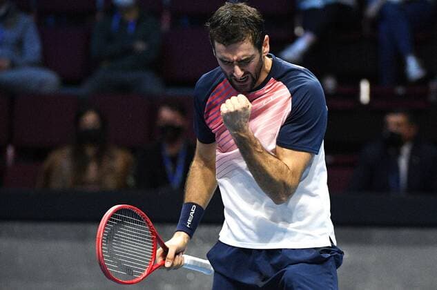 6686231 31.10.2021 Croatia s Marin ?ili?? reacts during the men s singles final match against Taylor Fritz, of the USA, at the St. Petersburg Open international tennis tournament in St. Petersburg, Russia. Alexander Galperin Sputnik Russia Tennis St Petersburg Open  7d0bd329399799b9