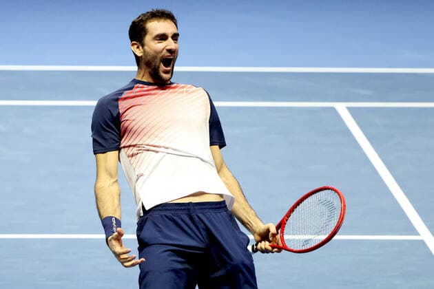 ST PETERSBURG, RUSSIA - OCTOBER 31, 2021: Croatia s Marin Cilic celebrates victory in his men s singles final match against the USA s Taylor Fritz at the St Petersburg Open 2021 international tennis tournament at Sibur Arena. Peter Kovalev TASS  TS1166C9