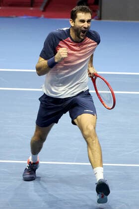 ST PETERSBURG, RUSSIA - OCTOBER 31, 2021: Croatia s Marin Cilic celebrates victory in his men s singles final match against the USA s Taylor Fritz at the St Petersburg Open 2021 international tennis tournament at Sibur Arena. Peter Kovalev TASS  TS1166CC