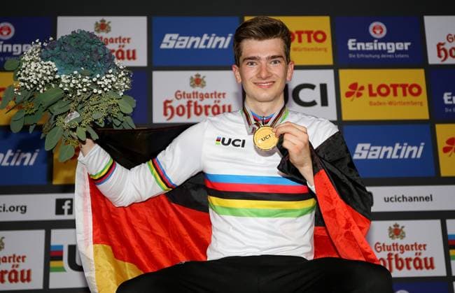 BAU 31 10 2021 Stuttgart Indoor Cycling World Championships 2021, Men Single, World Champion Lukas Kohl GER with Gold Medal at the Award Ceremony