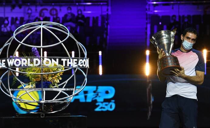 6686250 31.10.2021 Croatia s Marin ?ili?? poses with a trophy after winning the men s singles final match against Taylor Fritz, of the USA, at the St. Petersburg Open international tennis tournament in St. Petersburg, Russia. Alexander Galperin Sputnik Russia Tennis St Petersburg Open  39d3babf863f61d6