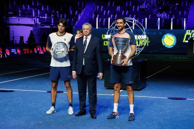 October 31, 2021, St. Petersburg, Russia: Marin Cilic (R) of Croatia, Taylor Fritz (L) of USA, and President of Zenit Football Club Alexander Medvedev (C) seen during the award ceremony for the winners of the final match of 2021 St. Petersburg Open tennis tournament between Taylor Fritz of USA and Marin Cilic of Croatia at Sibur Arena..Taylor Fritz won the men s final match against Marin Cilic. St. Petersburg Russia - ZUMAs197 20211031_zaa_s197_199 Copyright: xMaksimxKonstantinovx
