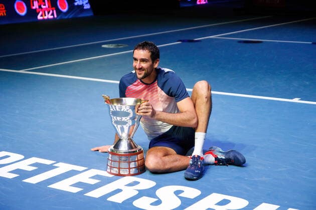 October 31, 2021, St. Petersburg, Russia: Marin Cilic of Croatia poses for a photo while holding a trophy during the award ceremony for the winners of the final match of 2021 St. Petersburg Open tennis tournament between Taylor Fritz of USA and Marin Cilic of Croatia at Sibur Arena..Taylor Fritz won the men s final match against Marin Cilic. St. Petersburg Russia - ZUMAs197 20211031_zaa_s197_202 Copyright: xMaksimxKonstantinovx