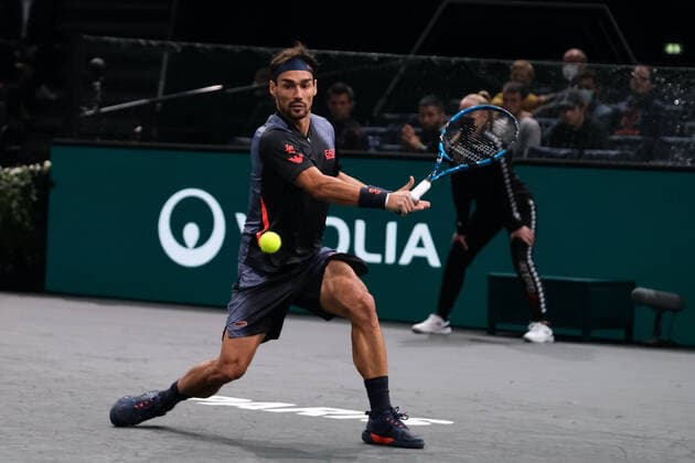 November 1, 2021, Paris, France: Italian player FABIO FOGNINI returns the ball to Hungarian player MARTON FUCSOVICS during the Rolex Paris Masters 1000 tournament at Paris AccorHotel Arena Stadium - Paris France..MARTON FUCSOVICS won 6:1 6:7 7:6 Paris France - ZUMAp119 20211101_zaf_p119_049 Copyright: xPierrexSteveninx
