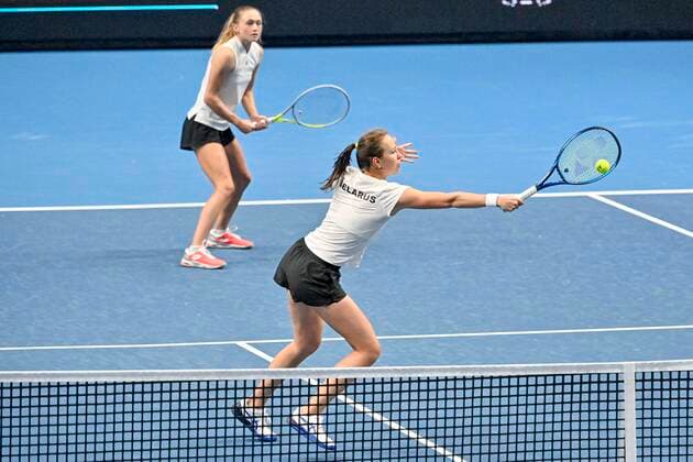 From right Vera Lapko and Aliaksandra Sasnovich (Belarus) in action during the Group B match against Elise Martens, Kirsten Flipkens (Belgium), not pictured , on November 1, 2021, in Prague, Czech Republic, within women s tennis Billie Jean King Cup (former Fed Cup). (CTK Vera Lapko, Aliaksandra Sasnovich PhotoNews Panoramic  VIS 010