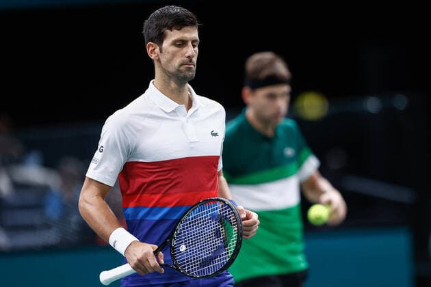 Novak DJOKOVIC (SRB) Filip KRAJINOVIC (SRB) TENNIS : Rolex Paris Masters - Jour 1 - 01 11 2021 AurelienMorissard Panoramic 