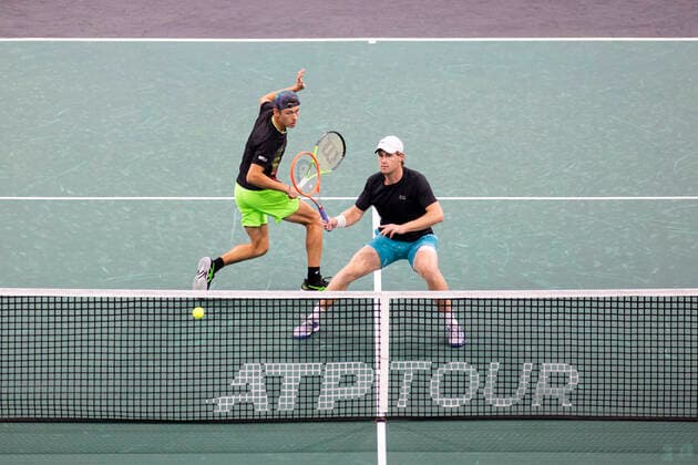 Paris, France, November 1st, 2021 - Alex de Minaur (L) and Luke Saville (R), both of Australia, in action during their doubles second round match against Novak Djokovic and Filip Krajinovic, both of Serbia, at the Rolex Paris Masters tennis tournament.  Copyright: xAlexisxSciardx