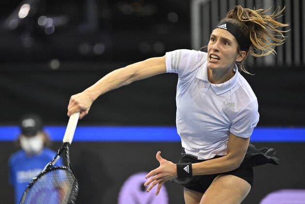 Andrea Petkovic of Germany in action during the Group D match against Czech Marketa Vondrousova, in Prague, Czech Republic, on November 1, 2021, within women’s tennis Billie Jean King Cup (former Fed Cup). (CTKxPhoto MichalxKamaryt) CTKPhotoP2021110107843 