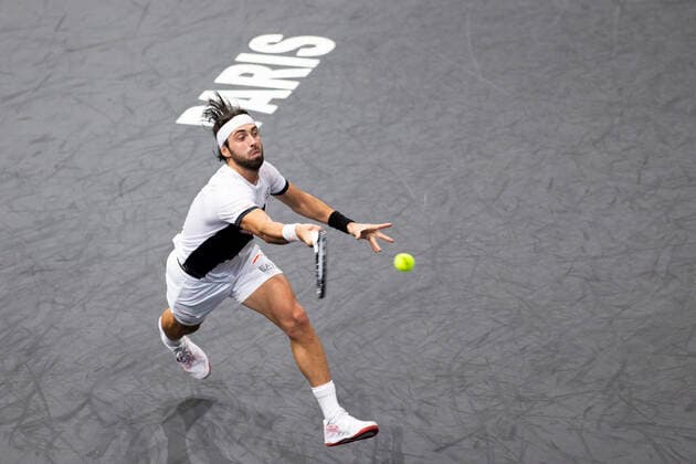Paris, France, November 1st, 2021 - Nikoloz Basilashvili in action during his first round match against Adrian Mannarino at the Rolex Paris Masters tennis tournament.  Copyright: xAlexisxSciardx