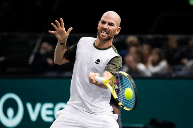 Paris, France, November 1st, 2021 - Adrian Mannarino in action during his first round match against Nikoloz Basilashvili at the Rolex Paris Masters tennis tournament.  Copyright: xAlexisxSciardx
