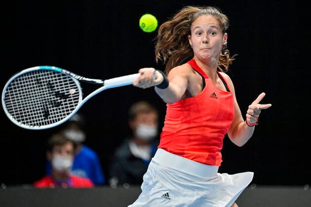 Daria Kasatkina (Russian Tennis Federation) in action during Group A match against Carol Zhao (Canada), on November 2, 2021, in Prague, Czech Republic, within women’s tennis Billie Jean King Cup (former Fed Cup). (CTKxPhoto VitxSimanek) CTKPhotoP2021110203004  VIS 001