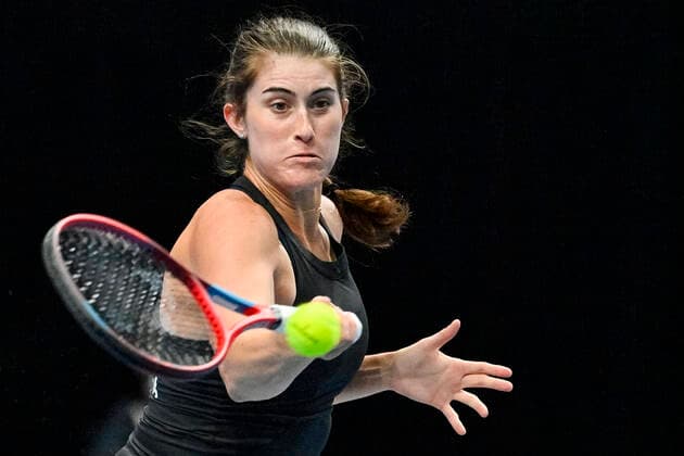 Rebecca Marino (Canada) in action during Group A match against Anastasia Pavlyuchenkova (Russian Tennis Federation), on November 2, 2021, in Prague, Czech Republic, within women’s tennis Billie Jean King Cup (former Fed Cup). (CTKxPhoto VitxSimanek) CTKPhotoP2021110204246  VIS 012