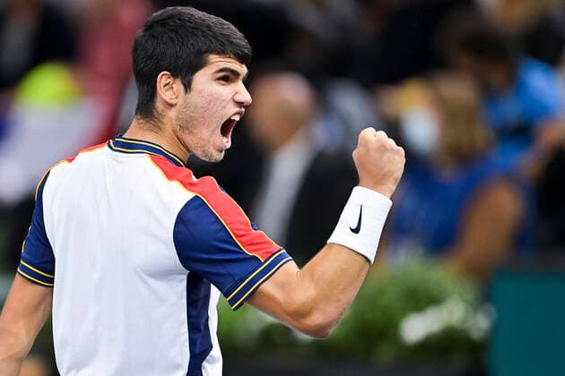 joie de Cartlos Alcaraz (Esp) TENNIS : Rolex Paris Masters 2021 - Paris - 02 11 2021 JBAutissier Panoramic 