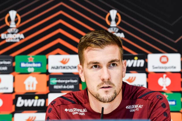 Antwerp s Bjorn Engels pictured during a press conference, PK, Pressekonferenz of Belgian soccer team Royal Antwerp FC, Wednesday 03 November 2021 in Antwerp. The team is preparing for tomorrow s match against Turkish club Fenerbahce S.K. on the fourth day of the UEFA Europa League group stage, in group D. TOMxGOYVAERTS  x3130176x