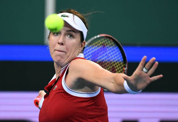 Anastasia Pavlyuchenkova of Russia in action during Group A match of the women’s tennis Billie Jean King Cup (former Fed Cup) against Alize Cornet of France in Prague, Czech Republic, November 3, 2021. (CTKxPhoto OndrejxDeml) CTKPhotoP2021110306428  suk013