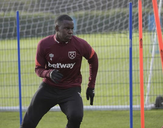 Mandatory Credit: Photo by Avril Husband West Ham United Shutterstock (12585911z) Kurt Zouma of West Ham United goes through some drills during training West Ham United First Team Training, Rush Green Training Ground, London, UK - 03 Nov2021 EDITORIAL USE ONLY No use with unauthorised audio, video, data, fixture lists, club league logos or live services. Online in-match use limited to 120 images, no video emulation. No use in betting, games or single club league player publications. West Ham United First Team Training, Rush Green Training Ground, London, UK - 03 Nov2021 EDITORIAL USE ONLY No use with unauthorised audio, video, data, fixture lists, club league logos or live services. Online in-match use limited to 120 images, no video emulation. No use in betting, games or single club league player publications. Copyright: xAvrilxHusband WestxHamxUnited Shutterstockx 12585911z