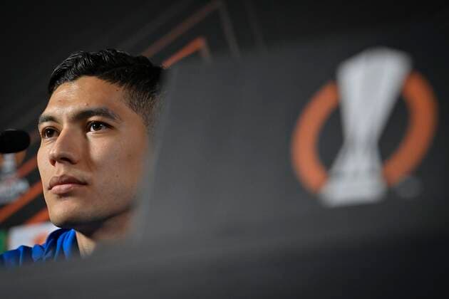 GENK, BELGIUM - NOVEMBER 3 : Gerardo Arteaga defender of KRC Genk talking to the press during a press conference, PK, Pressekonferenz prior to the UEFA Europa League Group stage H match between KRC Genk and West Ham United on November 03, 2021 in Genk, Belgium, 3 11 21 ( KRC Genk v West Ham United- UEFA Europa League Media Activities PhotoNews Panoramic 