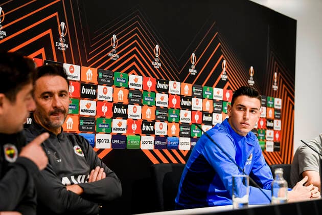 Fenerbahce Berke Ozer pictured during a press conference, PK, Pressekonferenz of Turkish soccer team Fenerbahce, Wednesday 03 November 2021 in Antwerp. The team is preparing for tomorrow s match against Belgian team Royal Antwerp FC, on the fourth day of the UEFA Europa League group stage, in group D. TOMxGOYVAERTS  x3130454x
