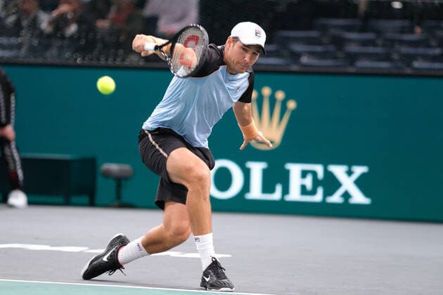 November 3, 2021, Paris, France: Serbian player DUSAN LAJOVIC return the ball to German player ALEXANDER ZVEREV during the Rolex Paris Masters 1000 tournament at Accor Arena Stadium - Paris France..Alexander Zverev won 6:3 7:6 Paris France - ZUMAp119 20211103_zaf_p119_083 Copyright: xPierrexSteveninx