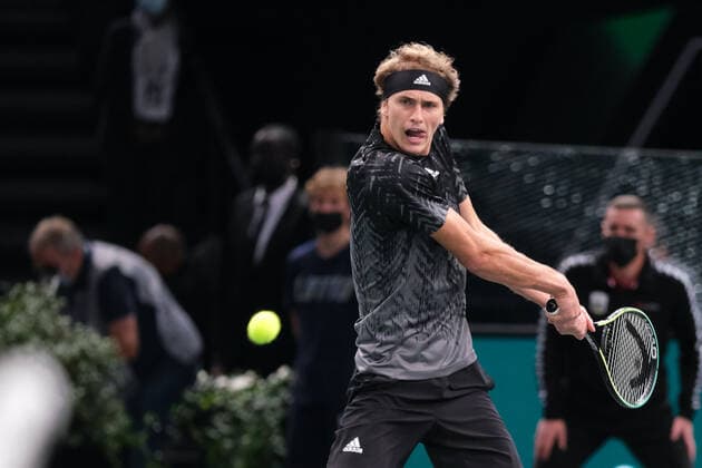 November 3, 2021, Paris, France: German player ALEXANDER ZVEREV return the ball to Serbian player DUSAN LAJOVIC during the Rolex Paris Masters 1000 tournament at Accor Arena Stadium - Paris France..Alexander Zverev won 6:3 7:6 Paris France - ZUMAp119 20211103_zaf_p119_100 Copyright: xPierrexSteveninx