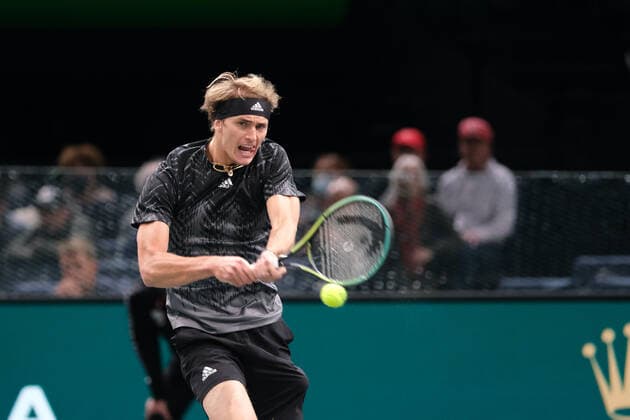 November 3, 2021, Paris, France: German player ALEXANDER ZVEREV return the ball to Serbian player DUSAN LAJOVIC during the Rolex Paris Masters 1000 tournament at Accor Arena Stadium - Paris France..Alexander Zverev won 6:3 7:6 Paris France - ZUMAp119 20211103_zaf_p119_102 Copyright: xPierrexSteveninx