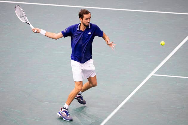 Paris, France, November 3, 2021 - Daniil Medvedev from Russia in action during his second round match against Ilya Ivashka from Belarus at the Rolex Paris Masters tennis tournament.  Copyright: xAlexisxSciardx