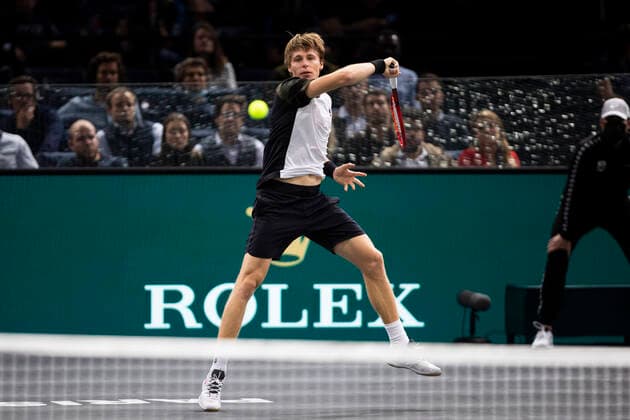 Paris, France, November 3, 2021 - Ilya Ivashka from Belarus in action during his second round match against Daniil Medvedev from Russia at the Rolex Paris Masters tennis tournament.  Copyright: xAlexisxSciardx