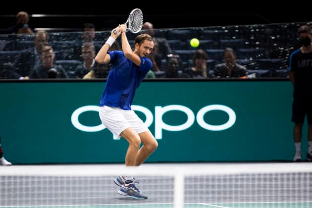 Paris, France, November 3, 2021 - Daniil Medvedev from Russia in action during his second round match against Ilya Ivashka from Belarus at the Rolex Paris Masters tennis tournament.  Copyright: xAlexisxSciardx