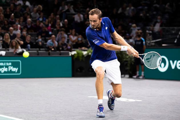Paris, France, November 3, 2021 - Daniil Medvedev from Russia in action during his second round match against Ilya Ivashka from Belarus at the Rolex Paris Masters tennis tournament.  Copyright: xAlexisxSciardx